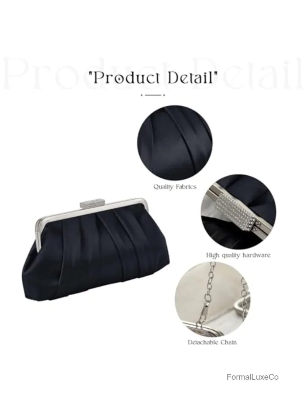 Satin Ruched Clutch with Kiss-Lock Closure and Detachable Chain